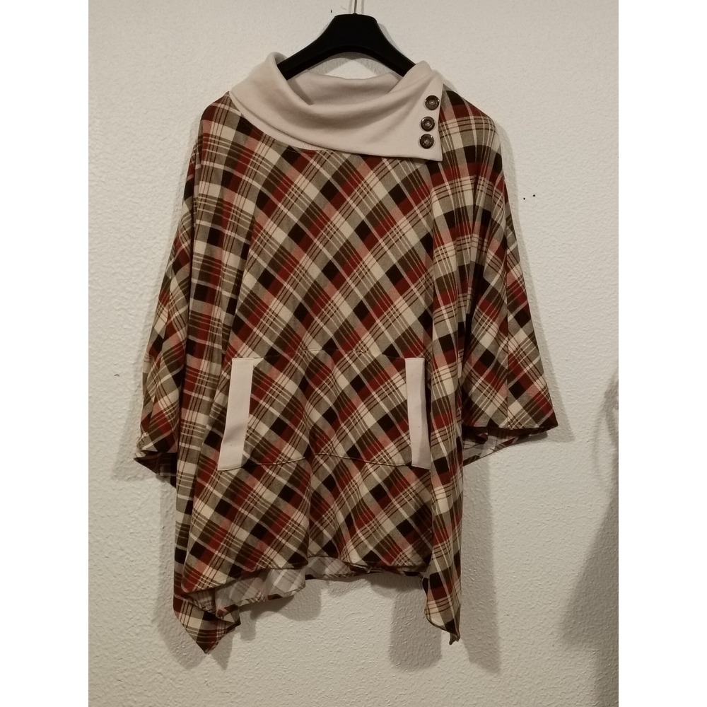 Modcloth Women's Plaid Print Popover Stretch Knit Cape With Pockets Size S/M.